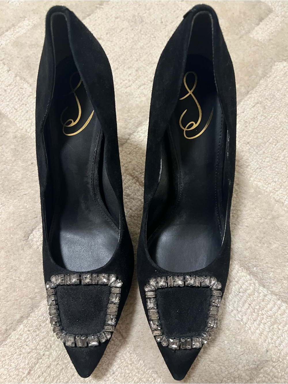 Sam Edelman Black Suede Pointed Toe Heels with Crystal Square Accent